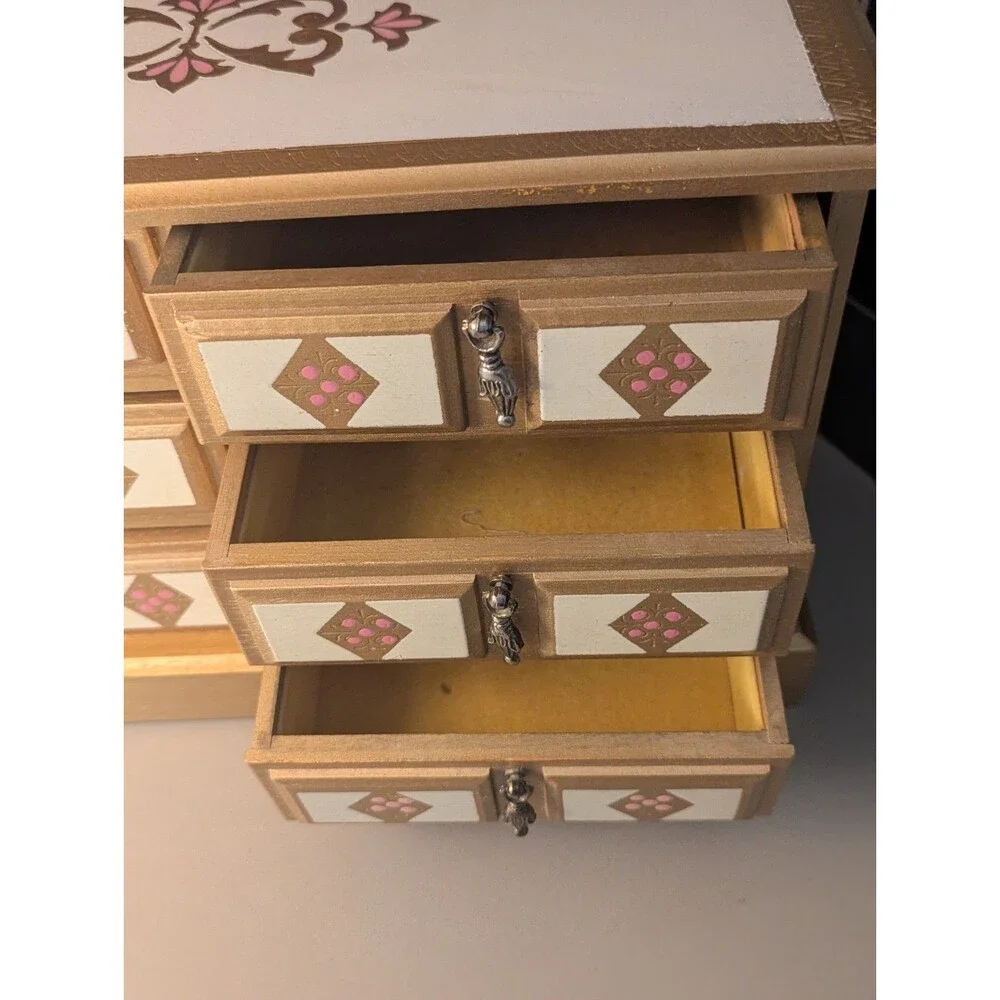 Vintage‎ LARGE WOODEN FLORENTINE TRINKET/JEWELRY Box 6 Drawer Taiwan RARE MCM
